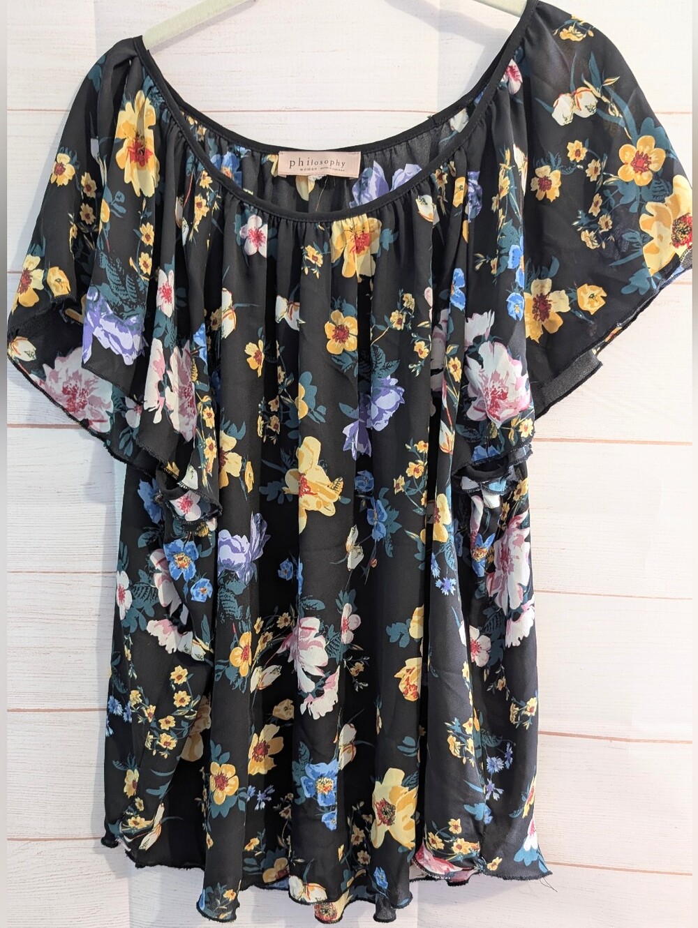 Philosophy Black Floral Summery Off-Shoulder Ruffle Blouse Plus Size 2X